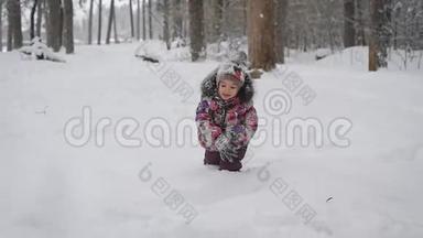 美丽开朗的孩子，快乐地在雪地里奔跑，这是最近才落下的。 她身材矮小，<strong>所以</strong>