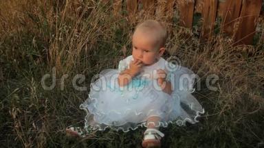 一个小女孩坐在高高的草地上，穿着白色的连衣裙，吃着杏子，微笑着。 夏天日落。