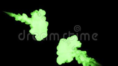 荧光亮绿色颜料泼水，多滴墨.. 这是3D渲染镜头的慢动作墨水