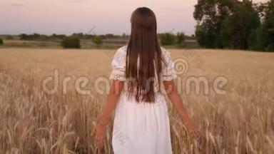 一个快乐的女孩走过一片黄色的麦子，用自己的手触摸麦子的耳朵。 慢动作。 女孩