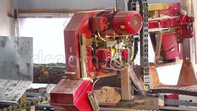 自动动力锯木厂。 用现代锯木机纵向锯木