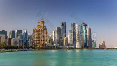 多哈卡塔尔市中心摩天大楼从屋顶，中东延时视频