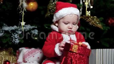 穿着圣诞老人服装玩圣诞礼物的小宝宝，坐在圣诞树旁的可爱男孩，孩子