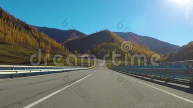 秋天白天开车沿着一条安静的农村公路行驶。 俄罗斯西伯利亚查斯基地区