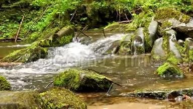 溪水，山间小溪，泉水，石头上青苔，巨石上流水