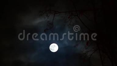 满月穿越天空的时间推移运动。 月亮在云中，在前景不祥的树枝上