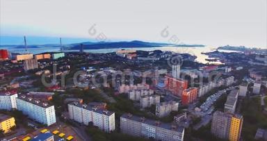 海参崴城市、俄罗斯大桥和俄罗斯岛屿全景