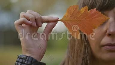 年轻女子向镜头展示五颜六色的秋叶。 美丽的女人捧着秋<strong>黄</strong>的<strong>叶子</strong>近脸。 秋天