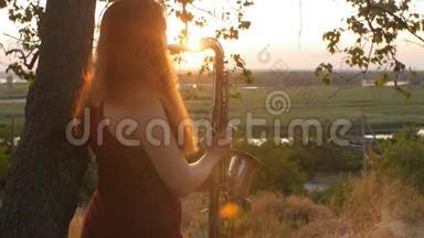 夕阳西下的剪影年轻漂亮的红发女孩在玩萨克斯管自然，一个女人吹进<strong>烟斗</strong>，概念爱好，音乐