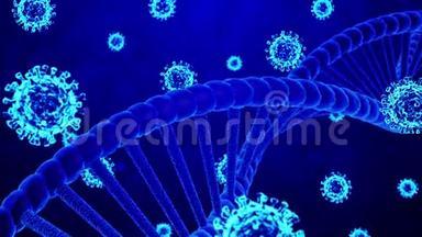 3D冠状病毒/COVID-19和DNA螺旋<strong>模型</strong>在抽象移动蓝背景和<strong>粒子</strong>中旋转