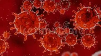 冠状病毒爆发covid-19，漂浮流感病毒细胞的显微观察，3d动态回退