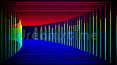 抽象的彩<strong>色红蓝</strong>无限运动方形曲线隧道发光霓虹灯线图案无缝回路