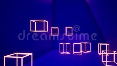 带有粉红色霓虹灯盒的抽象蓝色运动背景，3D渲染视频超高清4K3840x2160
