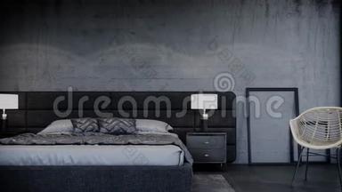 带家具的现代阁楼卧室室内设计，平底锅左镜头，视频超高清4K3840x2160，3D动画