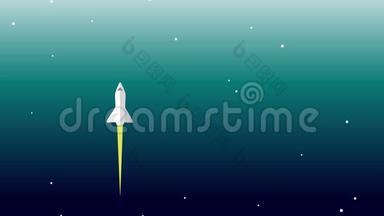 火箭飞船穿越太空动画。 卡通现代风格火箭炮发射和空间探索
