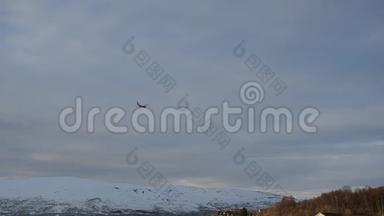 在北极圈巨大的雪山景观降落的SAS飞机