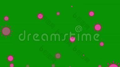 冠状病毒漂浮在绿色屏幕上。 柯维德19色度键运动图形.. 动画符号。 图标动画。
