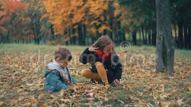 可爱的弟弟妹妹在秋天公园玩耍，女孩向男孩扔黄色落叶4k