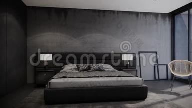 带家具的黑色卧室室内设计，现代阁楼风格，旋转镜头慢，视频超高清4K3840x2160，3D动画