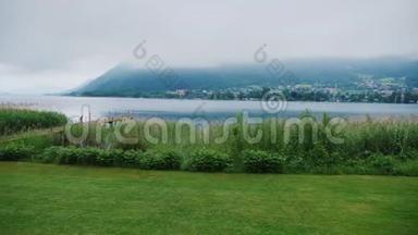stadicam拍摄地：奥地利阿尔卑斯山上一个风景如画的山湖上的旧<strong>木墩</strong>。