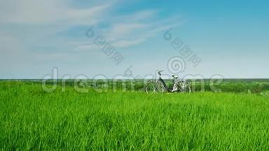 一辆自行车站在绿色的草地上，顶着蓝天。 田园风光，镜头平稳地移向自行车