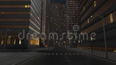 夜间在一条漆黑的城市街道上长镜头