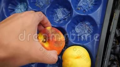 一个人在一个蔬菜货架上的超市里买蔬菜和水果。 一个人从腐烂的水果中选择桃子。 慢慢
