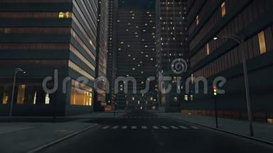 一个黑暗的城市街道在夜晚的长多莉3d拍摄