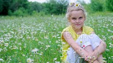 肖像。 金发女孩，孩子，坐在草地上，在雏菊中，在草地上。 她的头发上装饰着雏菊