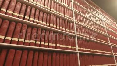 沿着书架前进，每个书架上有很多红色的书