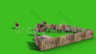 奶牛场围栏<strong>动物</strong>草地顶部绿色屏幕3D渲染动画