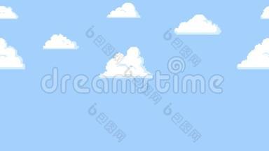 卡通云漂浮在蓝天上。 后台无缝循环动画..