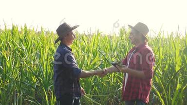 团队合作智慧农牧概念慢动作<strong>视频</strong>.. 两个男人农艺师两个农民胜利<strong>握手</strong>团队合作