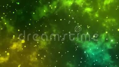 波克粒子星系模糊灯背景和纹理运动图形。 绿色和黄色。