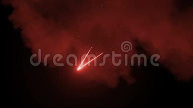 科幻未来派霓虹灯三角形的光网络发光的红色在黑暗充满云烟雾室天空空背