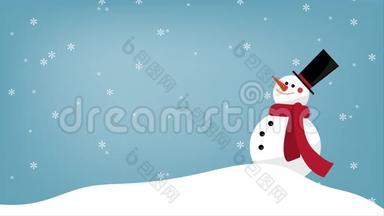 一个戴着红领巾，戴着黑帽子的雪人，看着雪山上从蓝天上飘落下来的雪花。