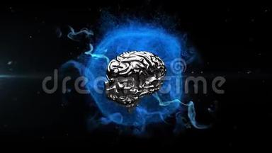 3d金属人脑在黑色背景下在发光的蓝色地球上<strong>旋转</strong>的动画