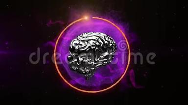 3d金属人脑在黑色背景下在发光的紫色地球上<strong>旋转</strong>的动画