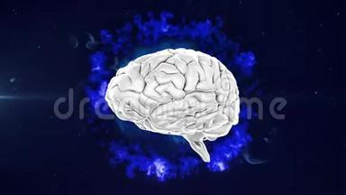 3d人脑在黑色背景下在发光的蓝色地球上<strong>旋转</strong>的动画