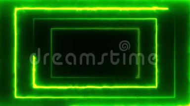 闪亮的绿色霓虹灯三重矩形框出现在黑色屏幕上，中间有一个空的广告位置。