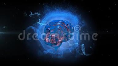 3d金属人脑在黑色背景下在发光的蓝色地球上旋转的动画