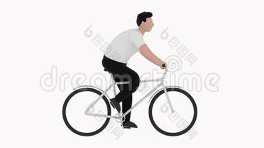 卡通人物在白色背景上骑自行车。 无缝循环运动图形动画..