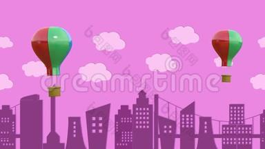 动画运动，气球漂浮在一个大城市之上。 秒2-8可以为循环切割