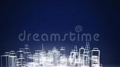蓝色背景旋转的现代城市三维建筑模型白色轮廓动画