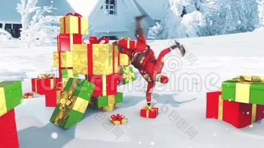 圣诞老人驯鹿圣诞礼物雪地阿尔法哑光面3D渲染动画