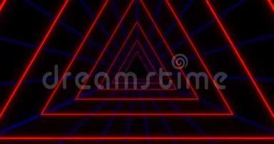 以三角形形式的VJ循环未来主义科幻红色霓虹灯隧道。