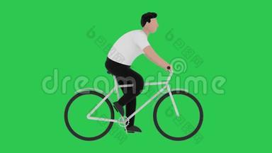 卡通人物骑自行车在绿色背景上。 无缝循环运动图形动画..