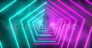 摘要无尽的粉红色，蓝色霓虹灯，VJ科幻未来主义隧道在五角大楼的形式