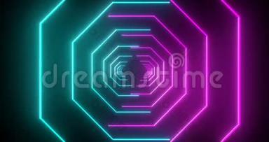 摘要无尽的粉红色和蓝色霓虹灯V J科幻未来隧道八角形。