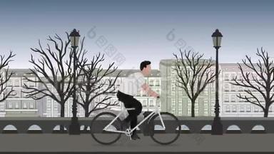卡通人物在户外骑自行车。 3D绘制，运动图形动画..